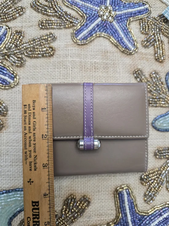 Levenger Wallet Bifold Smooth Taupe Purple Leather Snap Closure Coin Pocket - Picture 4 of 16